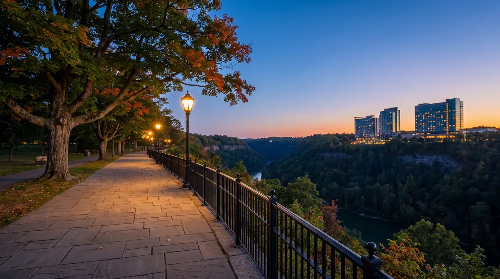 Generated scene: a lamp-lit promenade with an iron railing along a wooded river gorge at dusk, hotel towers on the far ridge.